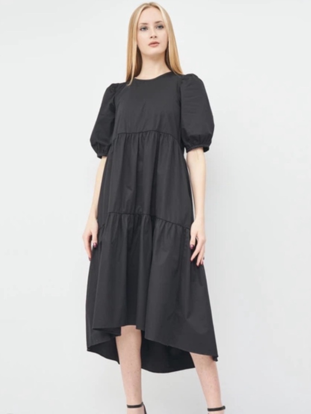 Zara Asymmetric Hem Tiered Midi Dress in Black Cotton Poplin Size S